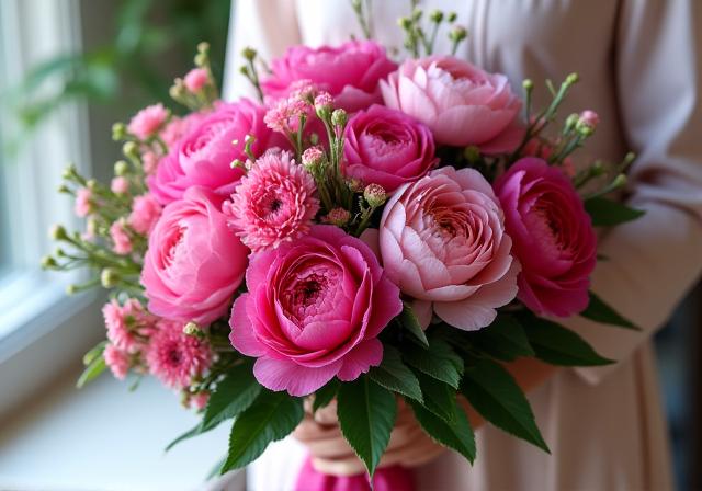 A hand-tied luxury bouquet of peonies and seasonal flowers.